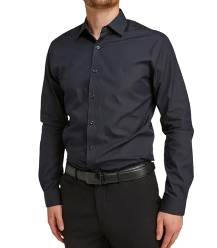 Men's Long Sleeve Shirt Slim Stretch Fit Formal Button Shirt - Black 15.5" Neck