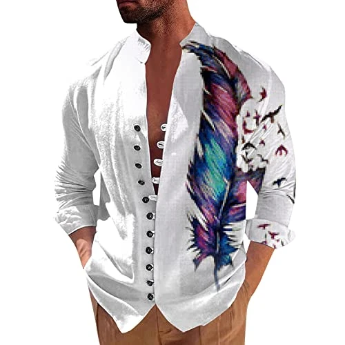 Men's Long Sleeve Shirts Casual Fashion Feather Print Button Up Shirts Spring and Summer Loose Fit V