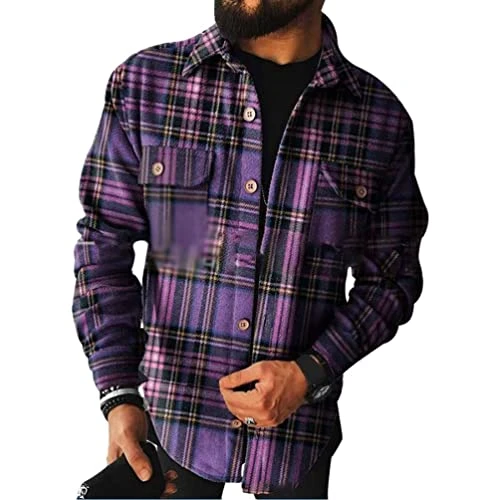 Men's Long Sleeve Shirts Regular Fit Casual Plaid Shirt Button Down Cotton Work Warm (Purple,S)