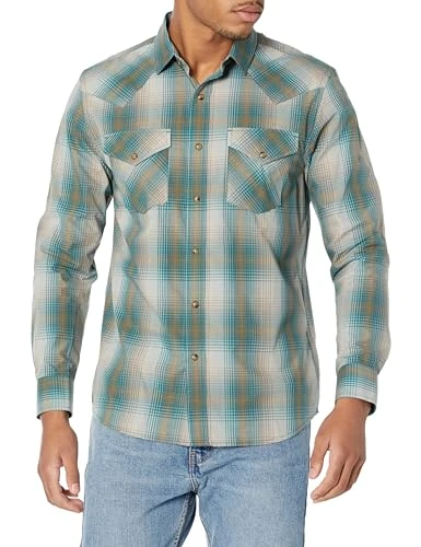 Men's Long Sleeve Snap Front Frontier Shirt Button, Tan/Aegean/Gold Plaid, Medium