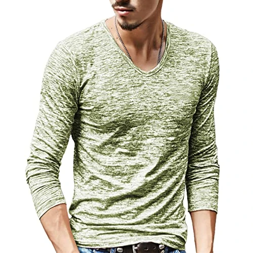 Men's Long Sleeve T-Shirt Blouse V-Neck Quick Dry Nylon Tee Loose Fit Autumn Spring Tops Light Green