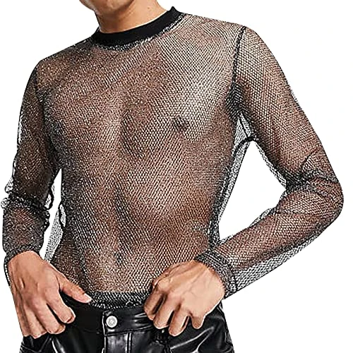 Mens Long Sleeve T Shirt Deals Mesh Long Sleeve Off Shoulder Breathable T Shirt Men's Sense Nightclub Clothes Shiny Breathable Mesh Leggings Men's Performance Suit Striped Mens Shirt (11-Black, XL)