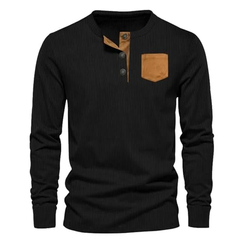 Mens Long Sleeve T Shirt Henley Long Sleeve Men's Fashion Spring and Autumn Casual Long Sleeve Corduroy Classic Button Pocket Solid Color Long Sleeve T Shirt Tops Baseball Mom Gear (6-Black, M)