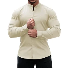 Mens Long Sleeve T Shirt Long Sleeve Polo Shirts Mens Designer Hawaiian Shirts for Men Dress Shirts Slim Fit Banded Collar Long&Short Sleeve Casual Button Down Shirt Big House Slipper (Beige, L)