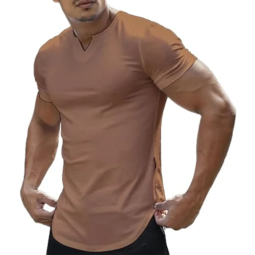 Mens Long Sleeve T Shirt Long Sleeve Polo Shirts Mens Full Sleeve T Shirt for Men with Collar Deals Men's New Summer Versatile Short Sleeved New V Neck Men's Casual T Shirt Top Guard Set (Coffee, 3XL)