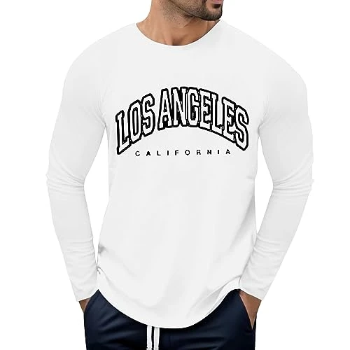 Mens Long Sleeve T Shirt Long Sleeve Polo Shirts Mens Full Sleeve T Shirt for Men with Collar Men's English Letter Printed Round Neck Pullover Long Sleeve T Shirt Polyester Long Sleeve (White, XXL)