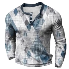 Mens Long Sleeve T Shirt Long Sleeve Polo Shirts Mens Full Sleeve T Shirt for Men with Collar Men's Long Sleeve Printed Button T Shirt Fashion Casual Long T Shirts for Leggings for Men (10-Blue, L)
