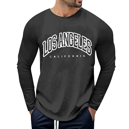 Mens Long Sleeve T Shirt Long Sleeve Polo Shirts Mens Lightweight Long Sleeve Polo Shirts Men's English Letter Printed Round Neck Pullover Long Sleeve T Shirt Polyester Long Sleeve (Dark Gray, 3XL)