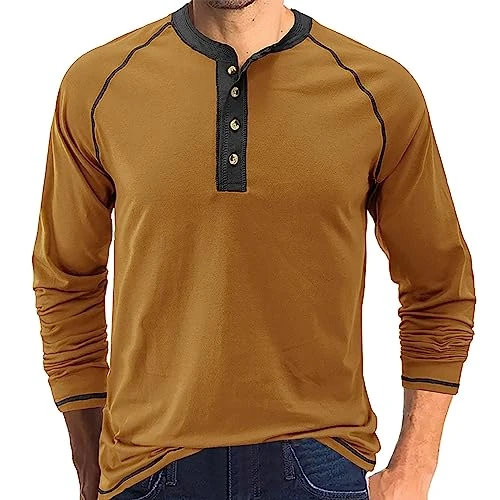 Mens Long Sleeve T Shirt Long Sleeve Polo Shirts Men's Lightweight Long Sleeve Shirts for Summer Half Zip Top Men's Long Sleeve Round Neck Button T Shirt Top Mens Long V Neck Shirts (Brown, L)