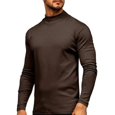 Mens Long Sleeve T Shirt Long Sleeve Polo Shirts Mens Male Autumn and Winter Shirt Mid Neck Round Neck Solid Color Padded Top Long Sleeved Top Bottoming Blouse Short Sleeve Cotton Top (2-Coffee, S)