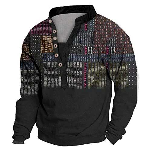 Mens Long Sleeve T Shirt Long Sleeve Polo Shirts Mens Personalized T Shirts for Him Mens Autumn Winter Fashion Leisure Six Button Standing Collar Retro National Wind Shirt Mens Tops Casual (9-G, XXL)