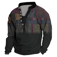 Mens Long Sleeve T Shirt Long Sleeve Polo Shirts Mens Personalized T Shirts for Him Mens Autumn Winter Fashion Leisure Six Button Standing Collar Retro National Wind Shirt Mens Tops Casual (9-G, XXL)