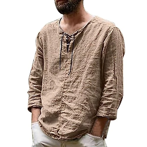 Mens Long Sleeve T Shirt Long Sleeve Polo Shirts Mens Personalized T Shirts for Him Men's Casual Solid Splice V Neck Blouse Drawstring Long Sleeve Tops T Shirt Summer Tops for Men Casual (2-Khaki, L)