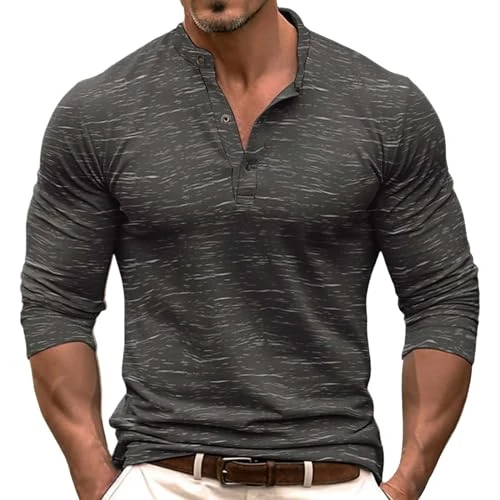 Mens Long Sleeve T Shirt Long Sleeve Polo Shirts Mens Personalized T Shirts for Him Men's Fashion Spring And Autumn Casual Long Sleeve Button Solid Color Long Sleeve T Shirt Top Lady Shirt (Grey, 3XL)