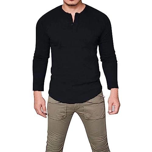 Mens Long Sleeve T Shirt Long Sleeve Polo Shirts Mens Personalized T Shirts for Him Men's Round Neck Cotton Solid Button Long Sleeved T Shirt Casual Bottom Shirt Cotton Short Sleeve Shirt (Black, XL)