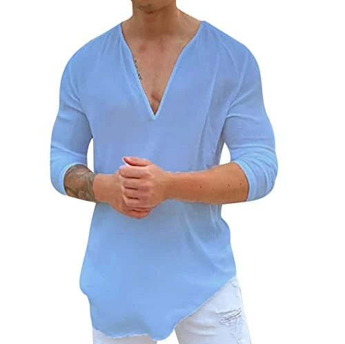 Mens Long Sleeve T Shirt Long Sleeve Polo Shirts Mens Slim Polo Men Male Casual Solid T Shirt Special Cuff Design V Neck Top Shirt Long Sleeve Fashion Loose Top Blouse Lady Running Short (Sky Blue, L)