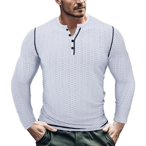 Mens Long Sleeve T Shirt Long Sleeve Polo Shirts Mens White Elastic Men's Muscle V Neck Shirts Long Sleeve Performance Slim Fit T Shirts for Sports Tennis Workout Athletic Works Shirts Men (White, S)