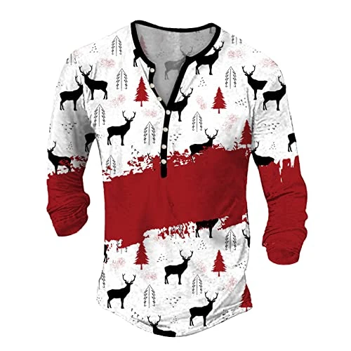 Mens Long Sleeve T Shirt Long Sleeve Polo Shirts Mens White Tee Shirt Mens Christmas Fashion Casual Fasten 3D Digital Printing T Shirt Long Sleeve Top Short Sleeve Plain Shirt Men (1-White, XL)