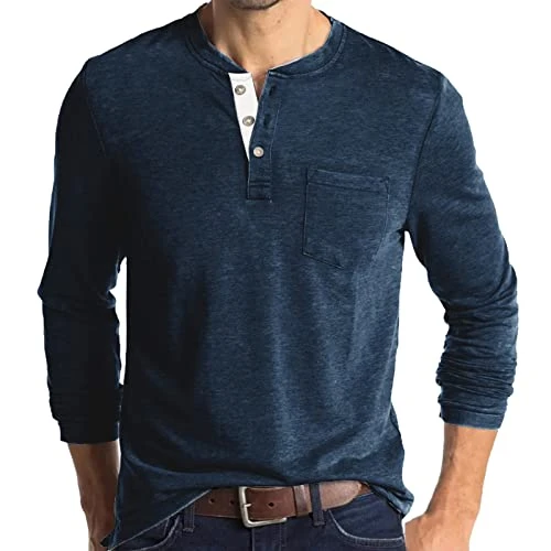 Mens Long Sleeve T Shirt Long Sleeve Polo Shirts Mens White Tee Shirt Mens Spring and Autumn Button Round Neck Solid Color Blouse Long Sleeve Pocket Top Bottoming Shirt Exercise Tops (2-Navy, XXL)