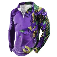 Mens Long Sleeve T Shirt Long Sleeve Polo Shirts Mens White Tee Shirt Mens's Carnival Zipper Collar Long Sleeved Top T Shirt Men's Long Sleeved T Shirt Long Sleeve T Shirt Men Trendy (Purple, 3XL)