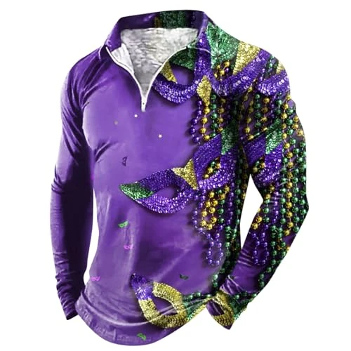 Mens Long Sleeve T Shirt Long Sleeve Polo Shirts Mens White Tee Shirt Mens's Carnival Zipper Collar Long Sleeved Top T Shirt Men's Long Sleeved T Shirt Long Sleeve T Shirt Men Trendy (Purple, 3XL)