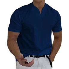 Mens Long Sleeve T Shirt Long Sleeve Polo Shirts Mens Work Polo Shirts for Men Spring Summer Casual V Neck Solid Short Sleeve Tee Shirt Top Blouse Polyester Cotton Blend Shirts Men (Navy, 3XL)