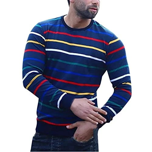 Mens Long Sleeve T Shirt Long Sleeve Polo Shirts Mens's Casual Warm Sweaters Top Color Stripe Print Long Sleeve Top Shirt Round Neck Winter Soft T-Shirt Blouse Long Sleeve Tee Shirts (4-Blue, XL)