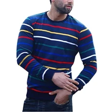 Mens Long Sleeve T Shirt Long Sleeve Polo Shirts Mens's Casual Warm Sweaters Top Color Stripe Print Long Sleeve Top Shirt Round Neck Winter Soft T-Shirt Blouse Long Sleeve Tee Shirts (4-Blue, XL)