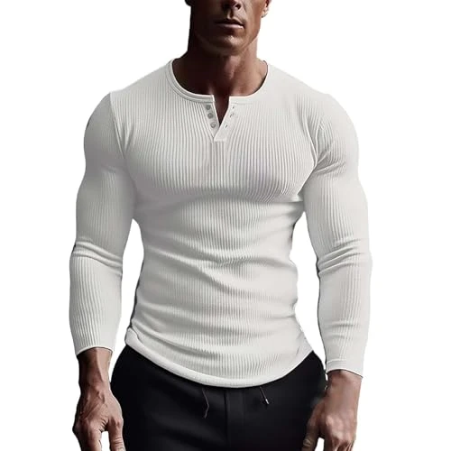 Mens Long Sleeve T Shirt Long Sleeve Polo Shirts Mens's Fashion Spring and Autumn Casual Long Sleeve Stretch Bottom Button Solid Color Long Sleeve T Shirt Tops Western Wear Men Tops (2-White, M)