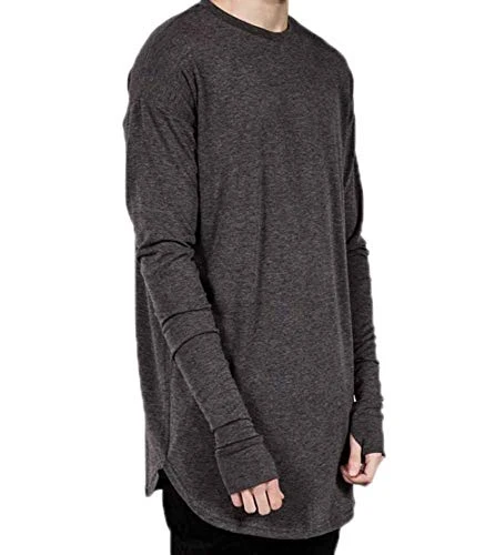 Men's Long Sleeve T-Shirt, Thumb Hole Cuffs Shirts Fashion Hip Hop Blouse with Curved Hem Casual Tee