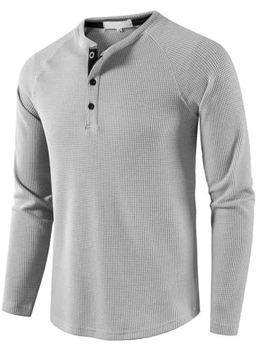 Mens Long Sleeve Tops Button Neck Henly T Shirt Waffle Mens Basic Casual Work Lounge Wear Grey