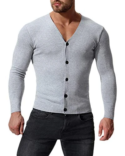 Mens Long Sleeve V Neck Button Front Cardigan Casual Jumper Solid Color Light Grey S