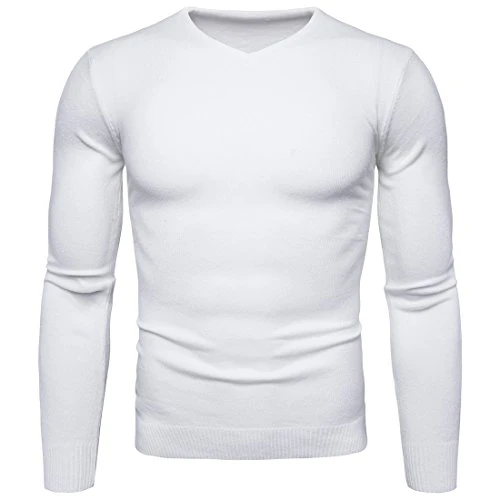 Men's Long Sleeve V-Neck Jumper Knitted Pullover Jumper Sweater White S