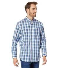 mens Long Sleeve Yarn-dye Stretch Plaid Woven Shirt, Classic Navy, Large