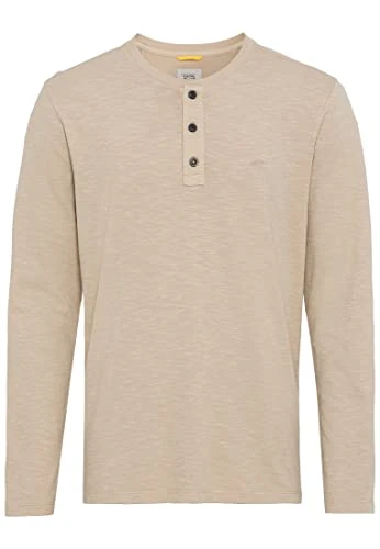 Men's Long-Sleeved Henley Shirt with Button Placket, Beige, XL