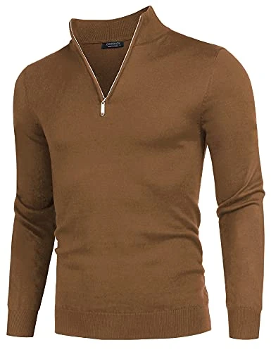 Men's Long-Sleeved Knit Undershirt 1/4 Zipper Sweatshirt Long Sleeve Regular Fit Pullover Coffee M