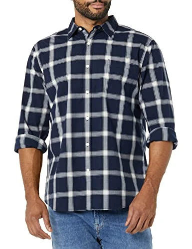 Men's Long-Sleeved Slim-Fit Stretch Poplin Shirt, Navy White Buffalo Plaid, XS