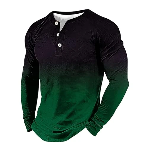 Men's Long Sleeved Three Button T Shirt 3D Gradient Printed Pullover T Shirt 2xlt Shirts for Men (Green, XXXL)