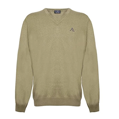 Mens Long Sleeved/V-Neck Knitwear Jumper with Logo in Beige (M)