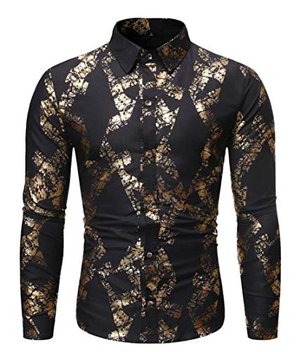 Men's Long Sleeves Floral Shirt Slim Fit Buttons Down Dress Shirt Cotton Shirt Black M