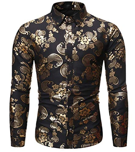 Men's Long Sleeves Floral Shirt Slim Fit Buttons Down Dress Shirt Printed Prom Shirt Casual Shirt Bl