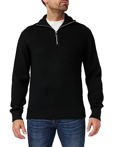 Men's Long Sleeves, high Zip Neck, Casual fit Jumper Sweater, Schwarz, XL