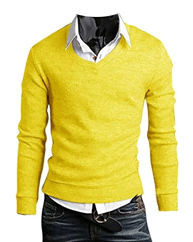 Men's Long Sleeves Knit Workwear Corporate Wear V-Neck Knitted Sweater Jumper Yellow S