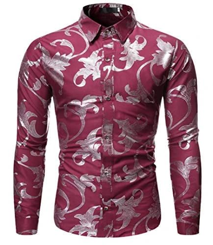 Men's Long Sleeves Printed Shirt Slim Fit Buttons Down Floral Dress Shirt Turndown Collar Prom Shirt