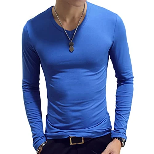 Mens Long Sleeves Slim Fit Undershirt Crew Neck Solid Pullover Thermal Top Base Layer T-Shirt Blue M