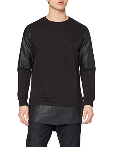 Men's Long Zipped Leather Imitation Crewneck Sweatshirt, Black (blk/blk 17), M