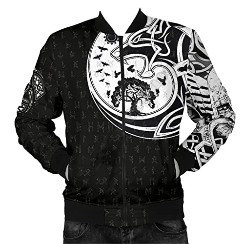 Men's Loose Casual Zipper Jacket Men's 3D Digital Viking Tattoo Print Bomber Jacket