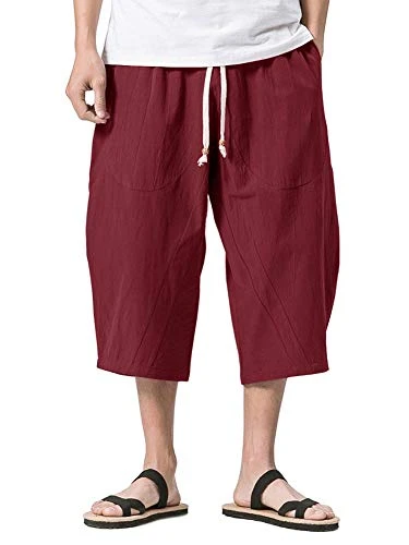 Men's Loose Cotton Linen Boho Shorts Three Quarters Beach Yoga Shorts Elasticated Waist Wide Leg Tro