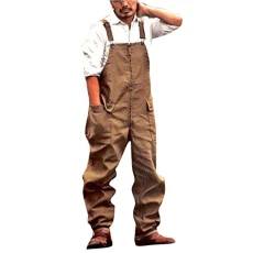 Mens Loose Fit Dungarees Jumpsuit Streetwear Suspender Pants Casual Solid Vintage Baggy Sleeveless Overall Onesie Big Side Pockets Khaki