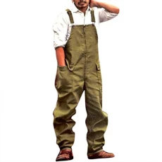 Mens Loose Fit Dungarees Jumpsuit Streetwear Suspender Pants Casual Solid Vintage Baggy Sleeveless Overall Onesie Big Side Pockets Green